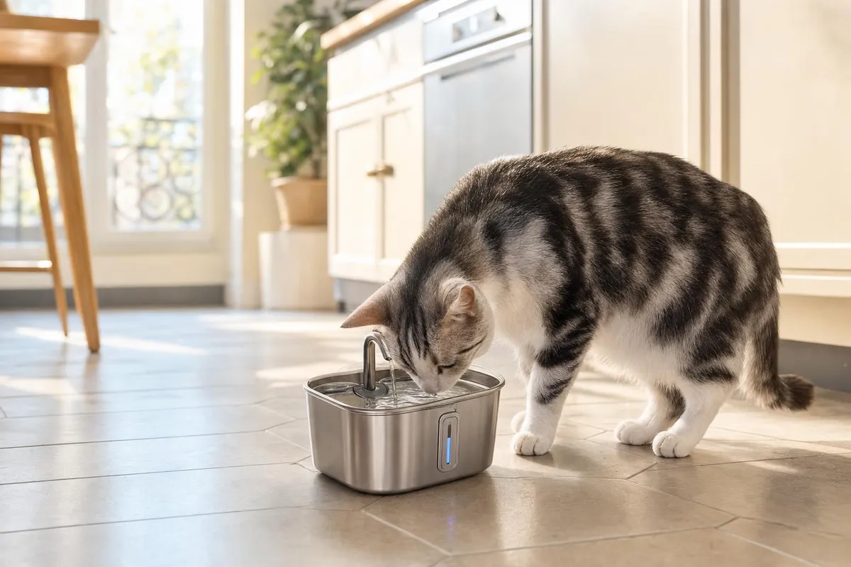Chat lapant l'eau en mouvement d'une fontaine pour chat Miaqua dans un salon